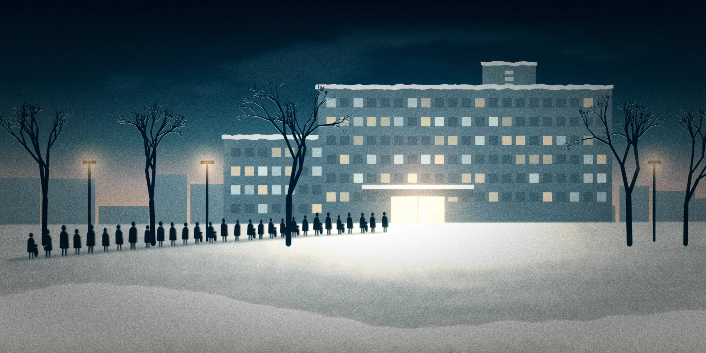 A hospital at dusk in winter. A long line of people waits in the snow outside the emergency door.