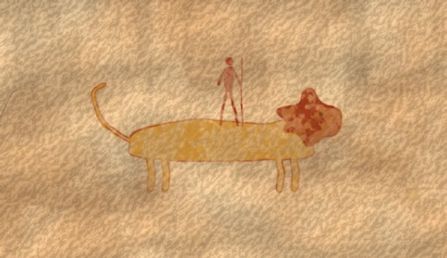 A rock painting in yellow and red ochre: a man riding a lion.